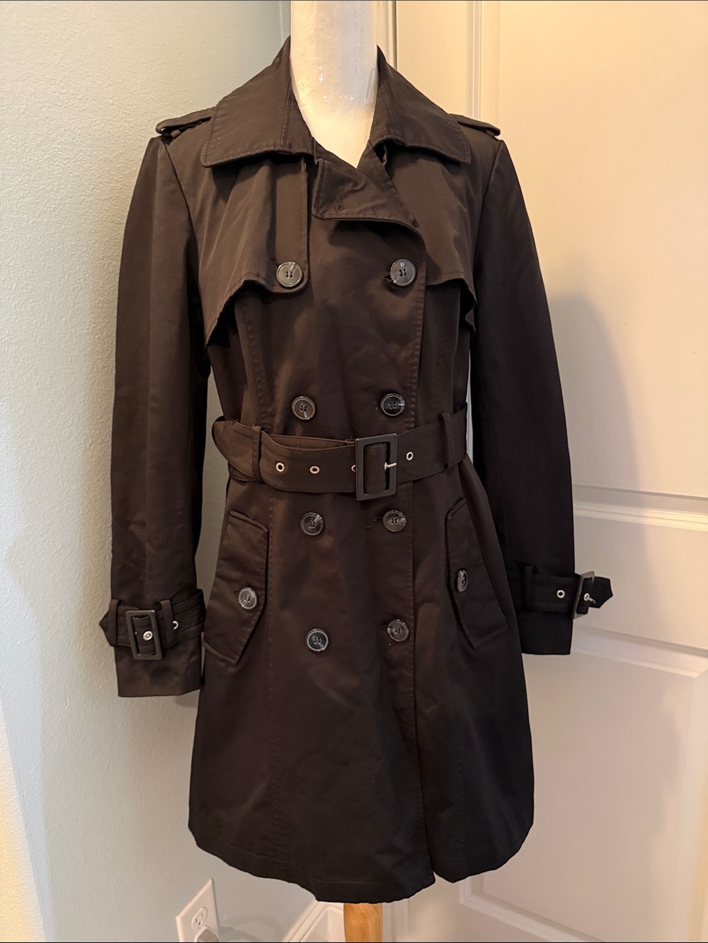 New York & Company Black Double-Breasted Trench Coat with Belt
